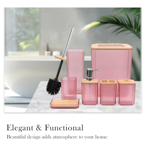 CERBIOR Bathroom Accessories Set 7 Piece Bath Ensemble Includes Soap Dispenser, Toothbrush Holder, Toothbrush Cup, Soap Dish for Decorative Countertop and Housewarming Gift (Pink) - style: Pink