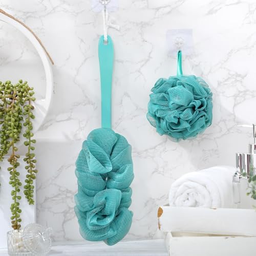 Sunnyray 4 Pack Back Scrubber for Shower and Shower Loofah Sponge Set, 50g Shower Loofah Poufs, Loofah Body Scrubber with Long Handle, Loofah on a Stick Bathing Accessories for Body Brushes
