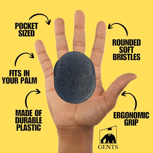 Gents Palm Pocket Shampoo Brush Scalp Massager for Men & Women with Round Bristles, Ergonomic Grip, Made in USA, Black Peine para Cabello