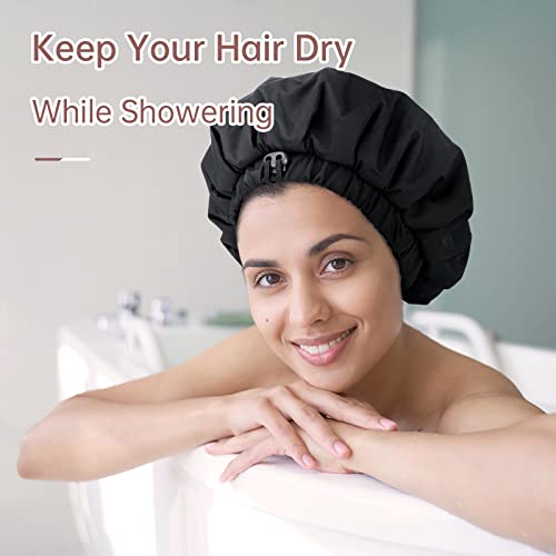 Luxury Shower Cap for Women, Waterproof Reusable Shower Caps Double Layers Microfiber Terry Lined with Dry Hair Function, Extra Large for Long Hair, Adjustable for Most Heads Size