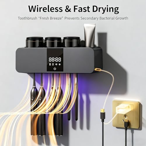 Toothbrush Cleaner Holder, Recharging Wall Mounted Tooth Brushing Holder with Cleaner & Drying, 3-Cup - Family Home Bathroom Organizer, No-Drill Installation (Black) - color: Black
