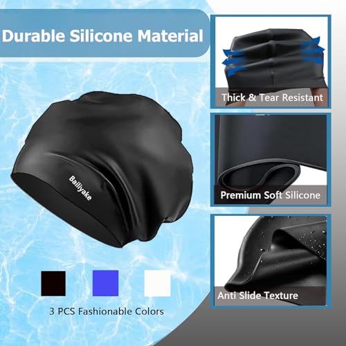 3 Pack Extra Large Swim Cap for Braids & Dreadlocks - Waterproof Silicone Swim Hat for Women with Long Thick Hair, Protective Swim Cap Cover Ears for Swimming, Shower, Bathing - color: Black+Blue+White