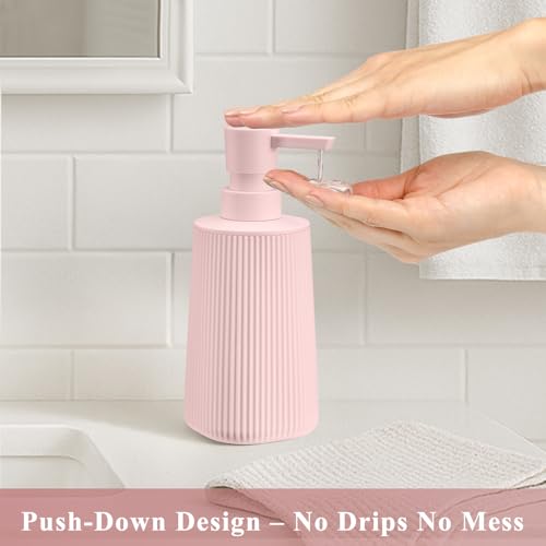 Pink 2 Pack Hand Soap Dispensers Set with No Rust Pump for Bathroom Kitchen or Vanity Countertops Refillable Striped Matte Plastic 8.5 oz Cute Design for Girls Room Decor - color: Pink Set of 2