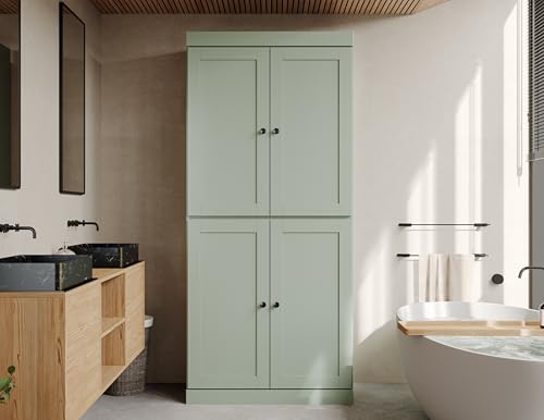 Palace Imports Solid Wood Tall Bathroom Pantry Cabinet with 4 Shaker Doors & Adjustable Shelves, Sage - 100% Eco-Friendly, Renewable, Space-Saving Storage, 71.5" H x 32" W, Made in Brazil - color: Sage