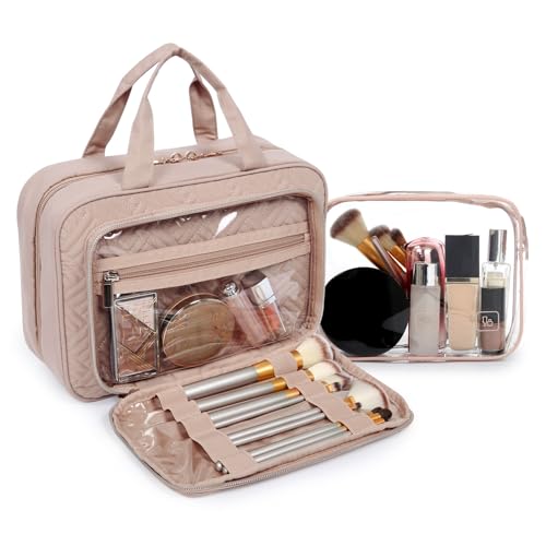 BAGSMART Toiletry Bag Hanging Travel Makeup Organizer with TSA Approved Transparent Cosmetic Bag Makeup Bag for Full Sized Toiletries, Large-Pink - color: Pink, size: Large