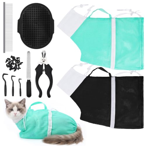 JULMELON Cat Bathing Bag Kit Adjustable Mesh Cat Washing Bag with Nail Clippers Nail File Brush Comb Tick Remover Tool Pet Grooming Bag for Cats and Small Dogs - color: Black+Green