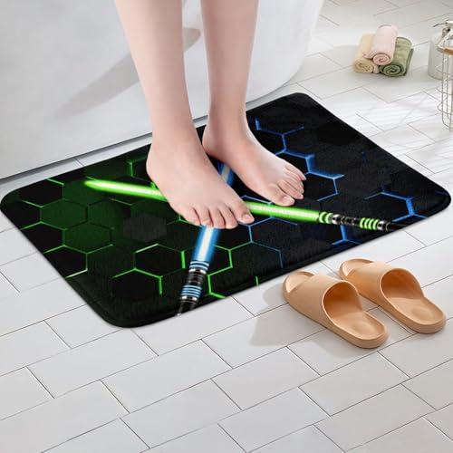 Geometric Honeycomb Bathroom Rug Neon Blue Purple Light Light Up Sword Non Slip Bath Mat Kids Boys Girls 3D Glowing Hexagon Shaggy Absorbent Floor Mat Fashion Black Bath Indoor Doormat Decor,20"x32" - color: Lightsaber 01, size: 20" x 32"