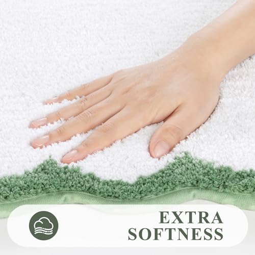 Pauwer Bathroom Rug Sets 3 Piece, Scalloped Bath Rugs, White and Green | Non Slip Washable Bath Mat With U-Shaped Toilet Rug, Extra Absorbent Quick Dry, For Floor Sink - color: White and Green