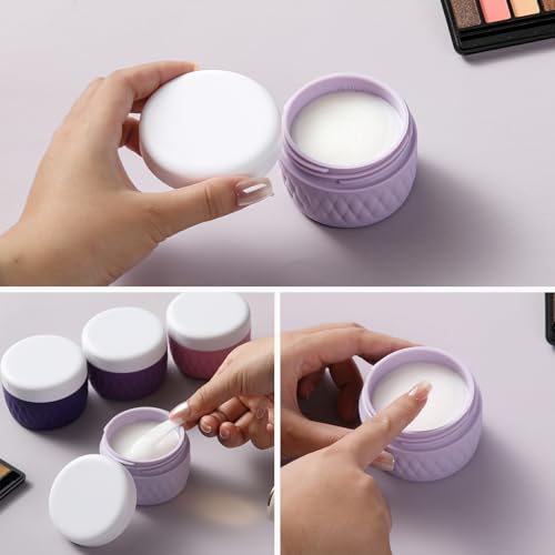 Kuangre Travel Containers for Toiletries, Silicone Cream Jars BPA-Free, TSA Approved 3oz Travel Size Containers, Leak-proof Silicone Jars with Lid for Cosmetic Face Hand Body Cream (4 Pack) - color: Purple, size: 3 Ounces