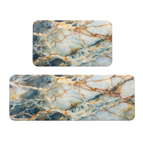 White Cyan Gold Marble Kitchen Rugs Microfiber Floor Mats Cushioned Carpet Runner Rug for Laundry Bathroom Living Room, 2 Piece Set 17"X 47" + 17"X 30" - color: White Cyan Gold Marble