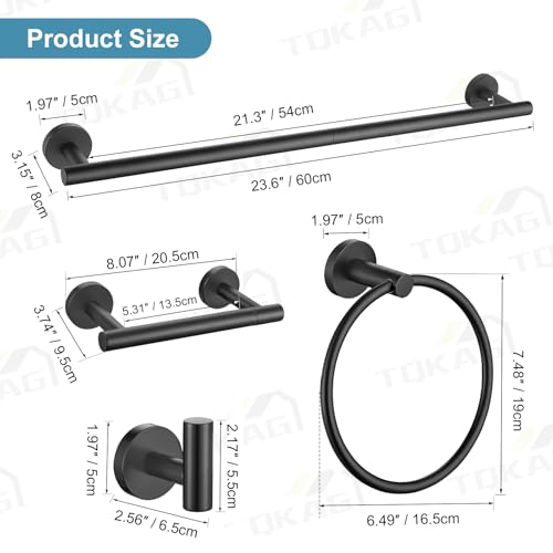 TQKAG 8-Pieces Bathroom Hardware Set Matte Black SUS304 Stainless Steel Bath Towel Bar Set 23.6 Inch Round Bathroom Accessories Kit Wall Mounted - color: Matte Black, size: 8-Pieces Set