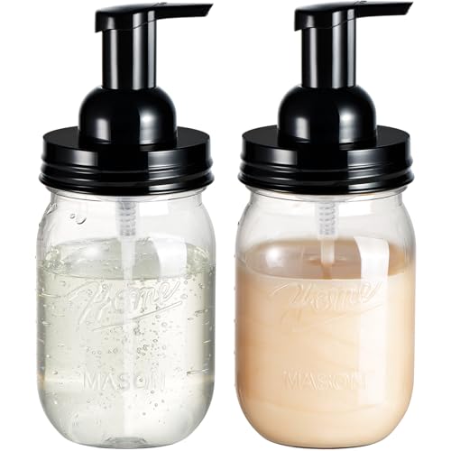Amolliar Plastic Mason Jar Foaming Soap Dispenser with Pump Lid,16OZ Refillable Hand Soap Dispenser Set with Cute Lables - Farmhouse Decor for Kitchen/Bathroom, Lotion Liquid Dish Soap (2 Pack, Black) - color: Clear Jar With Black Pump, size: 2 Pack