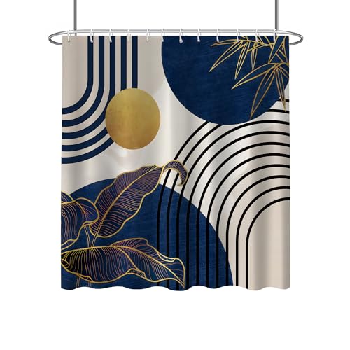 FZDHHY 4Pcs Blue Shower Curtain Set, Boho Bathroom Sets, Bamboo Leaf Bathroom Shower Bathroom Sets with Shower Curtain and Rugs, Shower Curtain with 12 Hooks