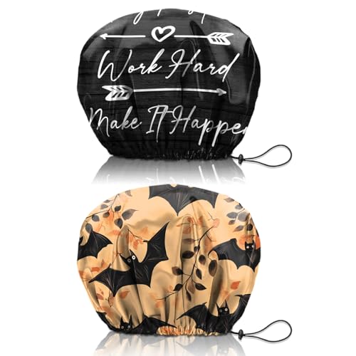 2 PCS Shower Cap Reusable Waterproof Double Layers Hair Caps Shower Bath Adjustable Elastic Hat for Women Girls Cute Aesthetic-Black Bat - color: AI11-Black Bat