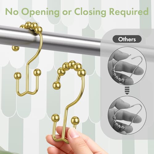Amazer Gold Shower Curtain Hooks, 12PCS Rust-Resistant Metal Double Shower Curtain Rings for Curtain Rolling Shower Hooks, Shower Rings for Bathroom Shower Curtain Rod - color: Gold, style: Modern - Double Hooks