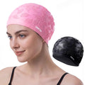 Women Swim Cap 2 Pack for Long Hair, Silicone Flower Adult Swimming Caps Waterproof for Girl Youth No Wet Hair - color: Black & Pink