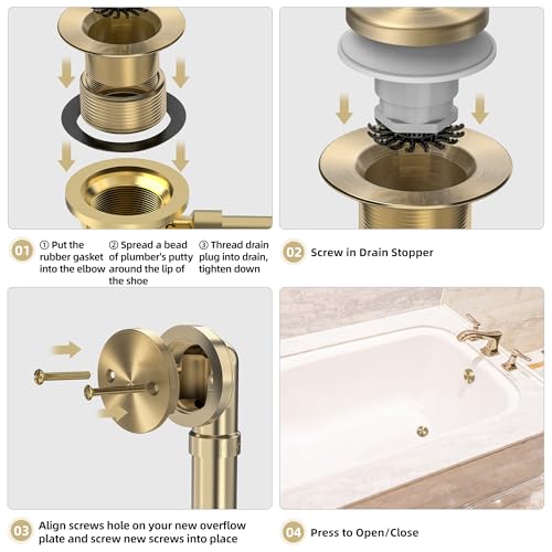 Brushed Gold Tub Drain Kit with Hair Catcher, Premium Brass Tip-Toe Bathroom Tub Drain Replacement and 2-Hole Overflow Faceplate, 11.5/16 UNC Bathtub Drain Stopper Assembly - color: Brushed Gold