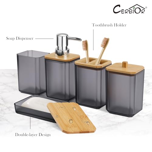 CERBIOR Bathroom Accessories Set 7 Piece Bath Ensemble Includes Soap Dispenser, Toothbrush Holder, Toothbrush Cup, Soap Dish for Decorative Countertop and Housewarming Gift (Gray) - style: Matte Black