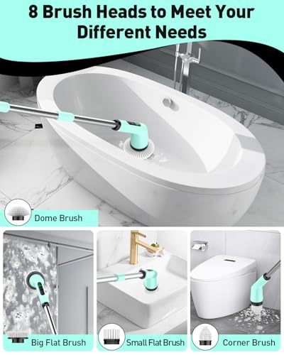 Shower Scrubber with Long Handle, Bathroom Cleaner Brush with 8 Floor Machine Pads, Cordless Electric Spin Scrubber for Cleaning with 2 Speed, Cleaning Supplies for Bathtub Kitchen Floor Mint - color: Mint Green, size: 8 Brush Heads