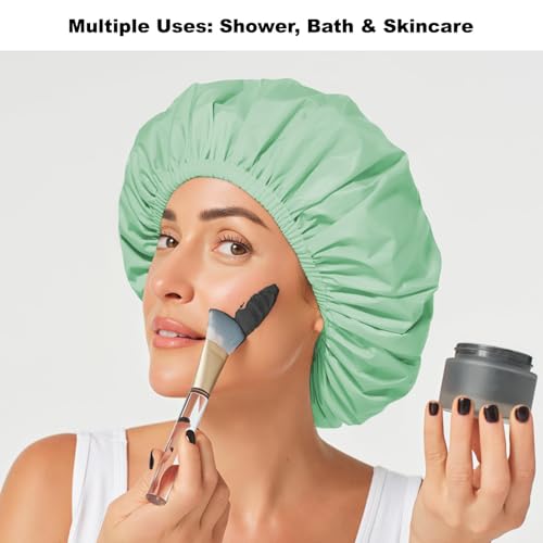 2 Pack Shower Caps for Women, Reusable Waterproof Shower Cap with Elastic Band, Thickened Waterproof Fabric Shower Bonnet for Braids, Long Hair - color: Warm Beige/Mint Green