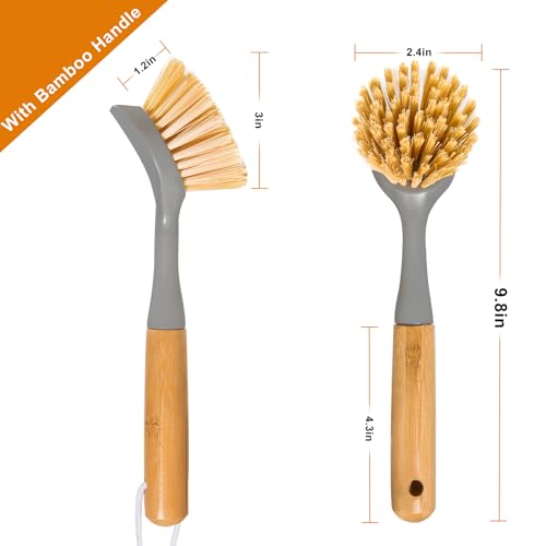 FunCee 2 Pack Kitchen Dish Brushes with Bamboo Handle, Dish Scrubber Built-in Scraper, Scrub Brush for Pans, Pots, Counter & Kitchen Sink Cleaning, Dishwashing and Cleaning Brush Tools, White - color: White