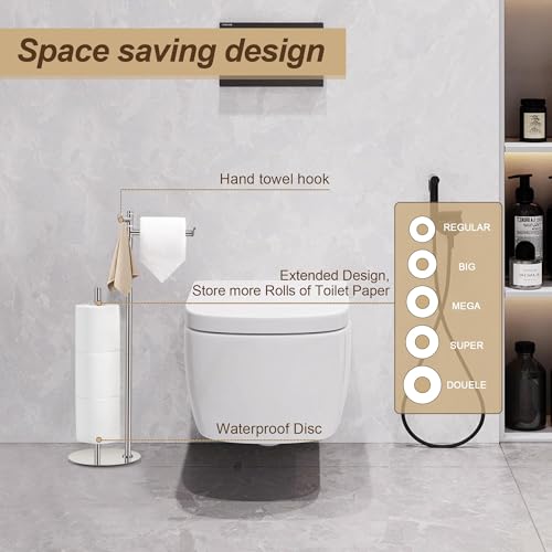 BVL Toilet Paper Holder Stand with Hook, Brushed Nickel Stainless Steel 304 Weighted Toilet Paper Holder Stand, Bathroom Freestanding Toilet Paper Holder Holds 5 Rolls - color: Brushed Nickel