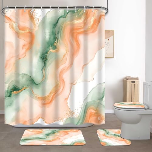 Lnond 4Pcs Marble Bathroom Sets with Shower Curtain and Rugs, Orange Green Marble Modern Art Bathroom Shower Curtain Sets with Rugs and Accessories - color: Orange Green Marble