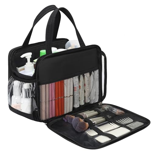 Travel Toiletry Bag for Women with Compartments, Large Wide-open Toiletries Bag for Men, Lightweight Cosmetic Makeup Bag Organizer with Handle for Full-size Shampoo, Conditioner, Door Room Essentials - color: 01-Black, size: X Large