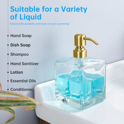Square Bathroom Soap Dispenser Brushed Gold, 16 oz Glass Bottles with Stainless Steel Pump Retangle Cube Liquid Large Capacity Soap Dispenser Kitchen - color: Gold, size: 16.9oz-Square