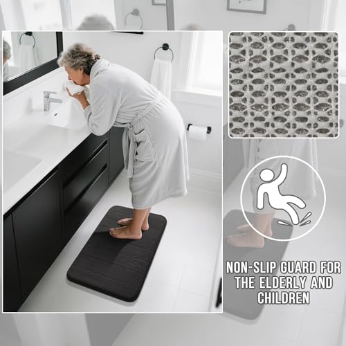 Yimobra Memory Foam Bathroom Rugs Sets 2 Piece - Super Soft Absorbent Quick Dry Bath Mat Set, Machine Washable Non Slip Floor Carpet for Tub Shower & Single Sink (17x24 & 31.5x20 Inch, Black) - color: Black, size: 31.5x20+24x17 Inch
