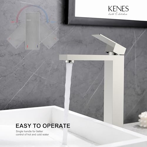 KENES Brushed Nickel Vessel Sink Facuet Single Handle Tall Bathroom Sink Faucet Vanity Bathroom Faucet Basin Mixer Tap with Water Supply Hose and Pop Up Sink Drain, LJ-9031A - color: Brushed Nickel, size: Tall