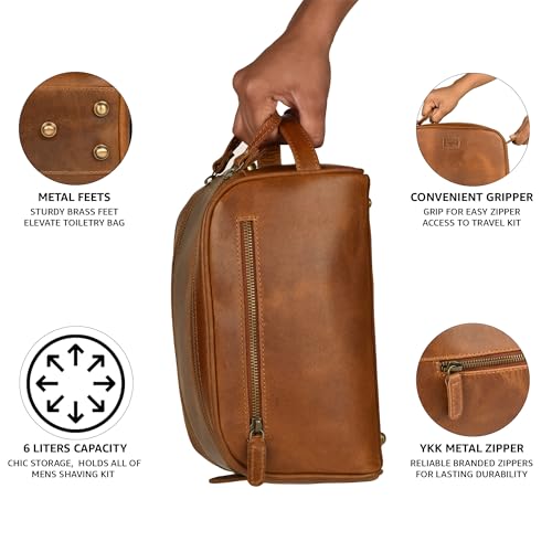 LEATHER VILLAGE Genuine Leather Toiletry Travel Bag With Waterproof Lining - Sun Tan | King-Size Handcrafted Vintage Dopp Kit Bag, Shaving & Bathroom Organizer, Gift for Men & Women - color: Suntan