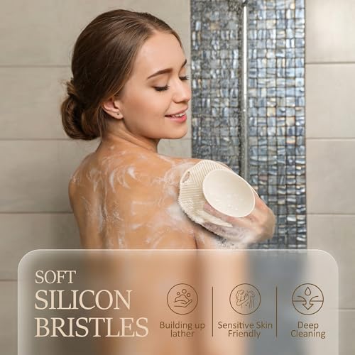 Soft Silicone Body Scrubber, Gentle Like a Hand Exfoliating Your Skin and Build Up Lather Easily, Back Large Suction Cup Easy to Store, Long-Lasting & Deep Clean (Beige) - color: Beige