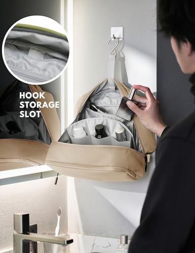 Large Hanging Travel Toiletry Bag for Men Women, Water-resistant Dopp Kit | 6L Large Capacity Wide Open Cosmetic Makeup Bag Bathroom Shower Bags for Toiletries, Grooming, Shaving Organizer Bag - color: Khaki