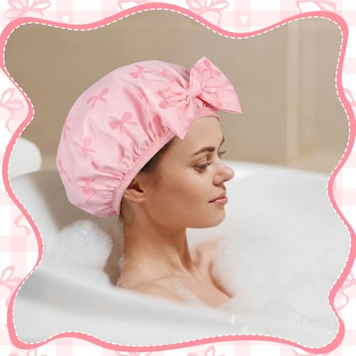 ramede Large Satin Lined Shower Cap for Women Reusable Waterproof Double Layer Bath Cap with Cute Pink Bow Large Washable Bath Caps with Soft Elastic Band Protect Long Hair Braids Locs - style: Pink Bow