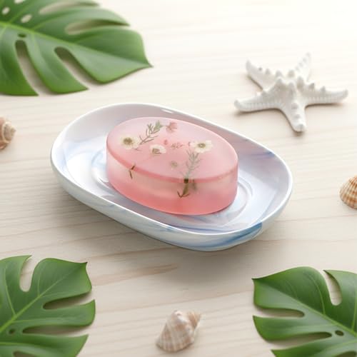 Ceramic Soap Dish, Blue Decorative Bathroom Soap Dish with Unique Marble Texture, Easy Clean Oval Decorative Soaps Tray for Bathroom & Kitchen