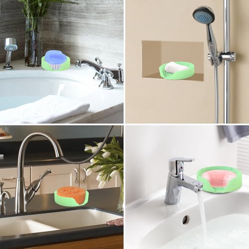 Silicone Bathroom Soap Dishes, Self Draining Waterfall Bar Soap Holder & Saver, Dish Soap Tray, Sponge Holder, 13 Non-Slip Suction Cups Dishwasher Safe for Bathroom Kitchen Shower Sink Organizer Green - color: Green