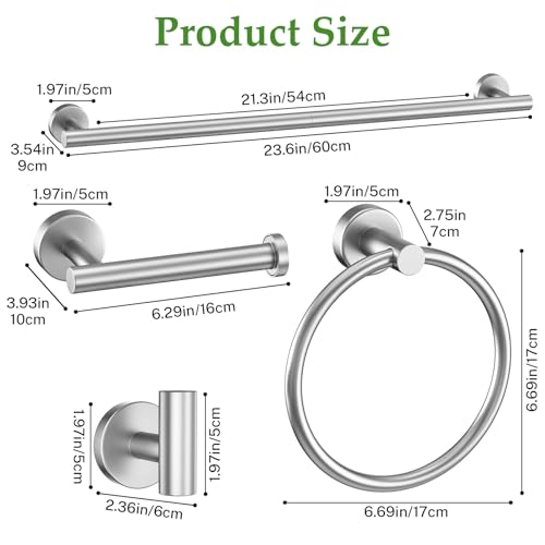 10-Piece Towel Bar Set Brushed Nickel Bathroom Hardware Accessories Set Includes 23.6in Towel Bar Round Towel Ring TP Holder and Hooks Stainless Steel Wall-Mounted Towel Racks Set for Bathroom - color: 10pcs Brushed Nickel
