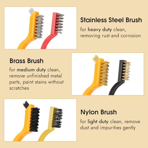 6 Pieces Wire Brushes Set, Small Metal Brass Brush, Stainless Steel Brush, Nylon Brushes for Cleaning Metal Rust and Paint Removal (Yellow+3 Mixed Color, L) - color: Yellow+3 Mixed Color
