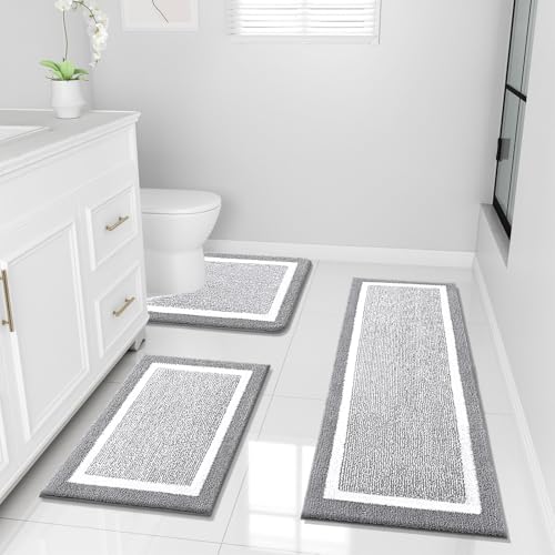OLANLY Bathroom Rugs Sets 3 Piece, Soft Absorbent Microfiber Bath Mats and U-Shaped Contour Toilet Rug, Home Decor Accessories, Non-Slip, Bath Mat Set for Bathroom (47"x20"+24"x16"+24"x20", Grey) - color: Grey and White, size: 47" X 20" + 24" X 16" + U Sh