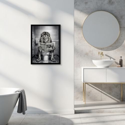 URMOYA Black and White Funny Majesty Lion Bathroom Wall Art, Animal Picture Bathroom Canvas Wall Decor, Majesty Lion on Toilet Reading Newspaper Modern Humor Painting Art Prints 12x16 Inch Wood Framed - color: Lion, size: 16"L x 12"W