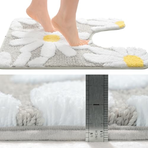 QJHOMO Bathroom Rugs Set 2 Piece, Cute Daisy Bath Mat Gray Toilet Rug U Shaped, Flower Deocr Bathroom Set Non Slip Contour Bathmat, Super Absorbent Microfber Floor Mats Machine Washable Carpets - color: Grey, size: 1'8" x 2' (Rectangular & U-Shape)