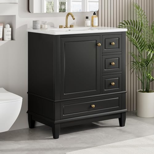 Linique 30" Bathroom Vanity with Sink Combo Set, Solid Wood Frame Bathroom Storage Cabinet with 3 Drawers, Soft Closing Cabinet Door with Organizer, Black - color: Black, size: 30"/ Door with Organizer
