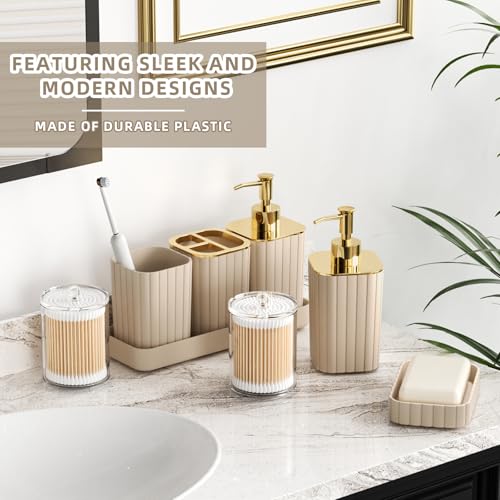 XLHOMO Bathroom Accessories Set - 25PC Bathroom Sets with Shower Curtain and Rugs, Beige Bathroom Accessories with Trash Can, Soap Dispenser, Soap Dish & Toilet Brush - size: Bath Set+Shower Curtain+Rugs, style: Beige&Gold