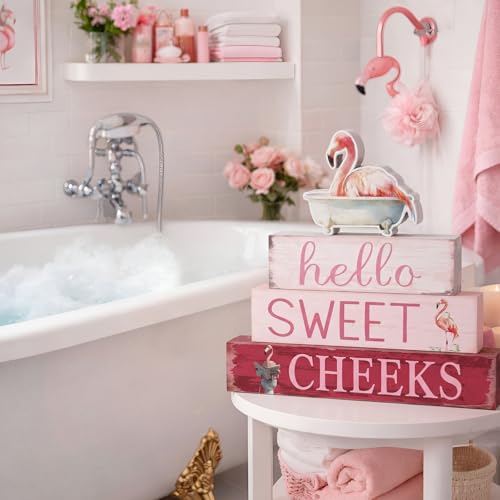 Cinnvoice 4 Pcs Flamingo Bathroom Decor Farmhouse Bathroom Decoration Hello Sweet Cheeks Table Centerpiece Gift for Christmas Valentines Back to School - style: Flamingo Hello Sweet Cheeks