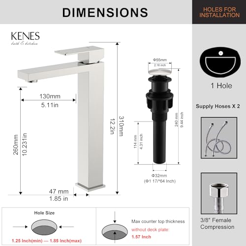 KENES Brushed Nickel Vessel Sink Facuet Single Handle Tall Bathroom Sink Faucet Vanity Bathroom Faucet Basin Mixer Tap with Water Supply Hose and Pop Up Sink Drain, LJ-9031A - color: Brushed Nickel, size: Tall
