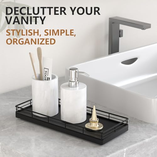 Bathroom Tray for Counter Top Organizer, Oak Wood Vanity Tray | Metal Frame for Dresser, Kitchen & Nightstand, Black Decorative Storage - color: Black, size: 11" x 4.5" x 1.5"
