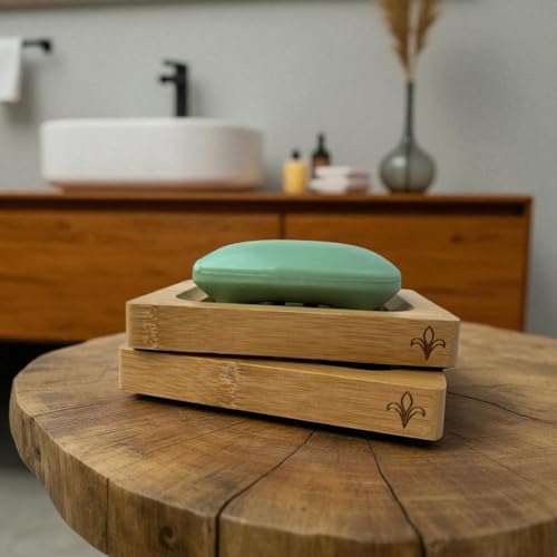 Bamboo Soap Dish – 2-Pack Self-Draining Soap Dish for Shower – Natural Bamboo Wood Tray for Bathroom with Drainage – Wooden Holder for Kitchen, Bath, Sink