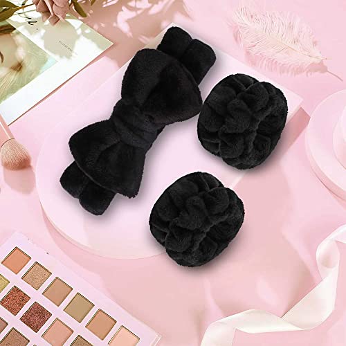 WSYUB Makeup Headbands, 1pcs Black Spa Headband Fluffy Bow Tie Headband Microfiber Face, and 2Pcs Wrist Spa Wash Band Absorbent Wristbands, for Washing Face Skin Care - color: Black