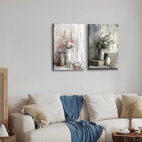 2Pcs Framed Rustic Farmhouse Bathroom Wall Art Vintage Country Floral Still Life Wall Decor pink White Daisy Canvas Painting Shabby Chic Flower Poster Print for Living Room Bedroom Kitchen 16x124n - color: Farmhouse Vase, size: 16x24 inches